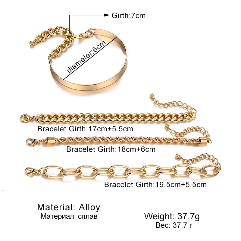 ZOVOLI Punk Gold Rock Heavy Metal Thick Chain Bangles Bracelet Cuban Link 4-Piece Bracelets Set For Women Boho Jewelry: Bracelet ZVB0128-1