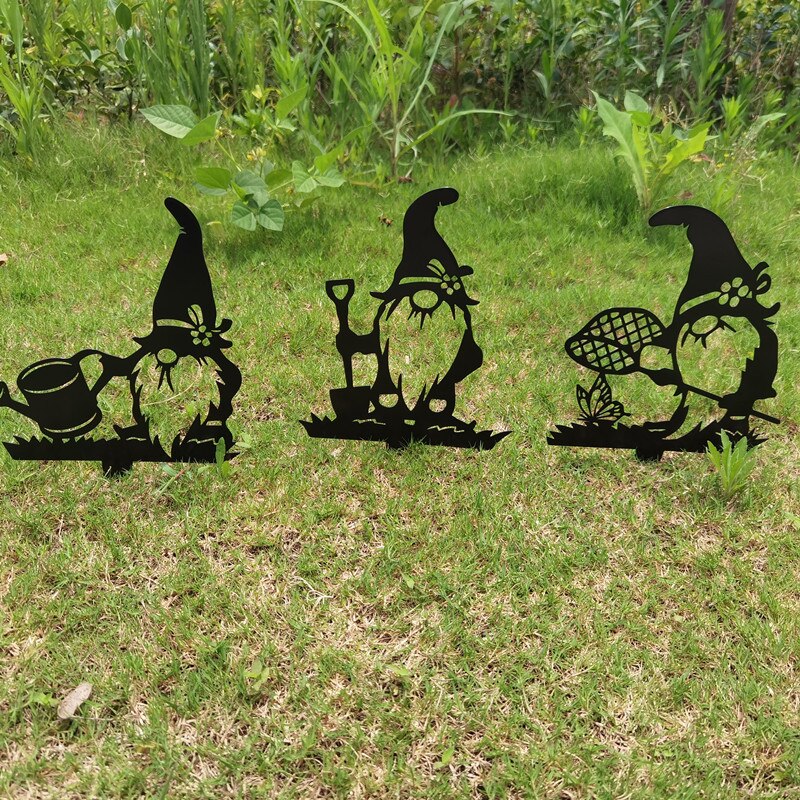 1/3 PCS Rustic Black Gnomes Silhouette Cute Metal Gnome Garden Statues Decorative Garden Stake For Yard Lawn Outdoor Decoration