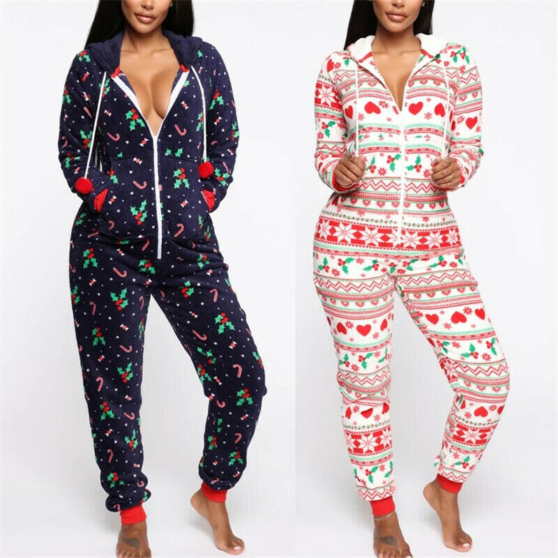 Family Matching Women Romper Christmas Pyjamas Xmas Nightwear Jumpsuits Long Sleeve Hooded Ladies Winter Warm Homewear