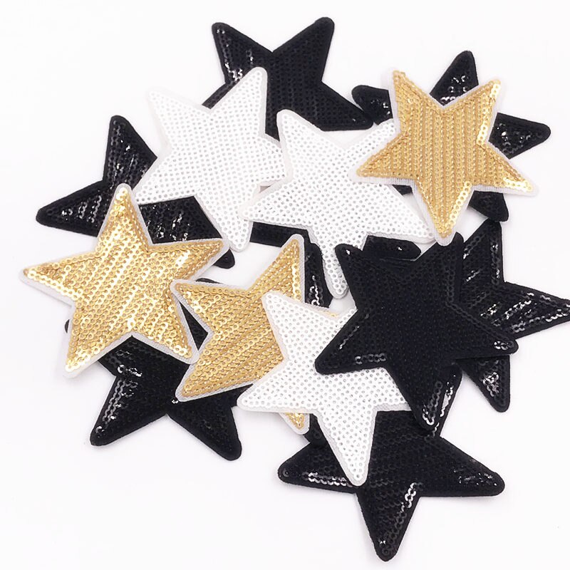 10 Stuks Zwarte Sterren Diy Patch Voor Kleding Geborduurde Applique Iron On Jacket Diy Accessoires Pailletten Patches Badge