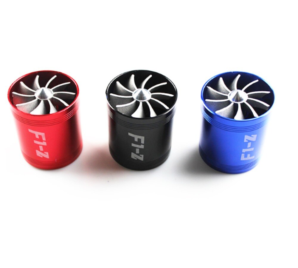 F1-Z Double Turbine Turbo Charger Air Intake Gas Fuel Saver Fan Car Supercharger Black Red Blue