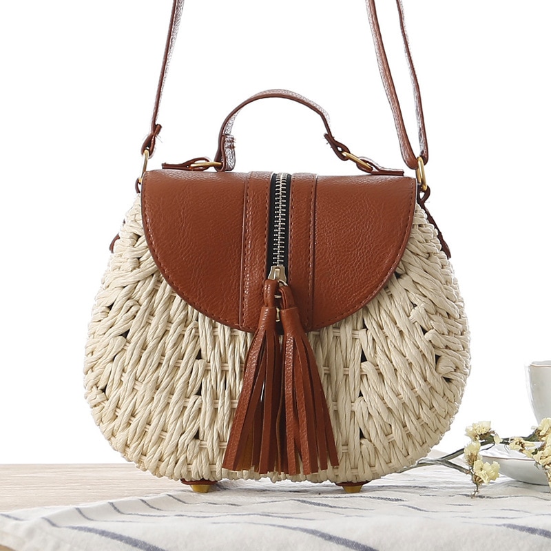 paper rope woven bag small fresh messenger straw bag beach vacation shoulder shoulder bag woven bag: Beige