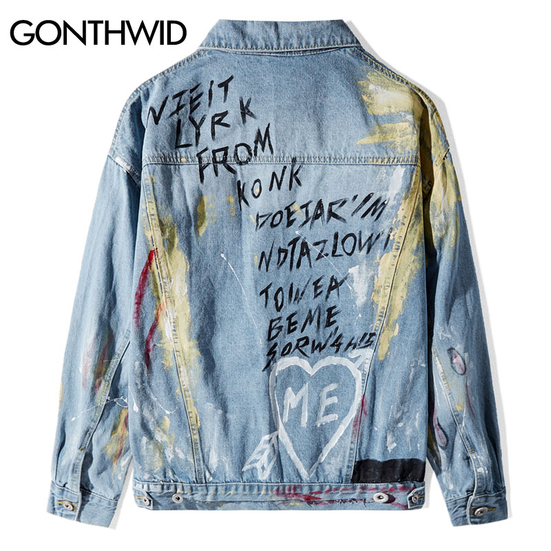 GONTHWID encre Graffiti imprimer Denim manteaux Hip Hop Punk Rock jeans décontractés vestes Streetwear hommes Hipster veste Outwear homme