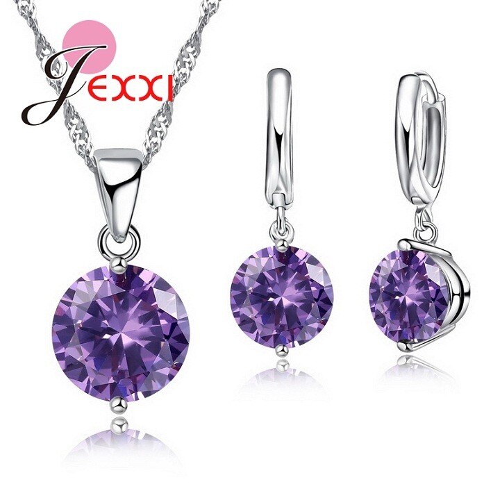 Conjunto de joyas para mujer, Plata de Ley 925 auténtica, cristales redondos, CZ, colgante, collar, pendientes, novedad: purple
