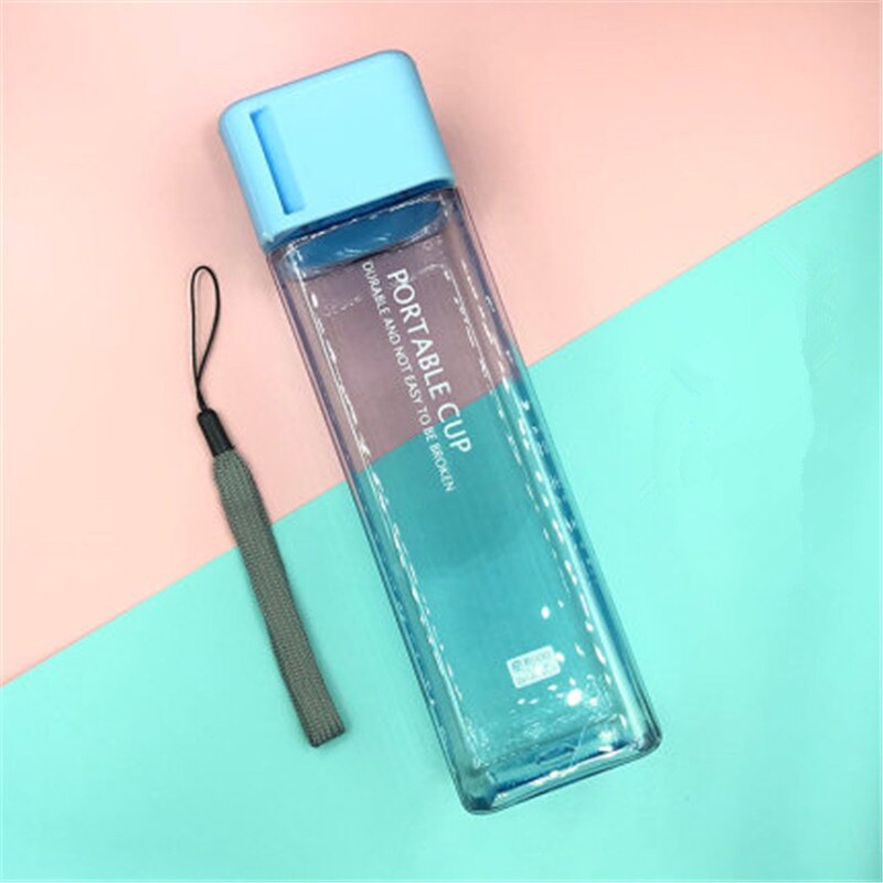 Cute Square Plastic Water Bottles BPA Free Transparent Frosted Outdoor Portable Camping Hiking Tour Drinking Bottle Water: Transparent Blue