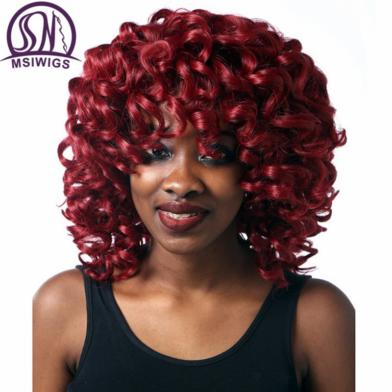MSIWIGS Afro Rood Krullend Pruiken voor Zwarte Vrouwen Amerikaanse Afrikaanse Medium Natuurlijke Volledige Synthetische Pruik met Pony Hittebestendige