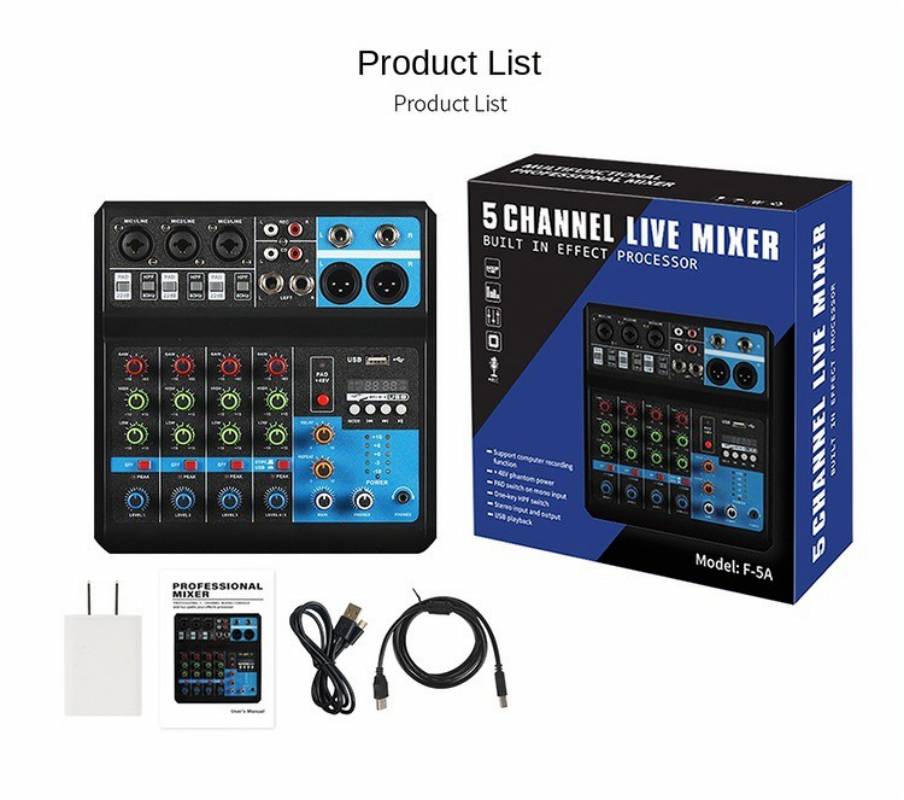 Mixer professionale a 5 canali registrazione sul palco del Computer scheda audio USB alto tono basso Bluetooth DJ certificazione del numero di modello