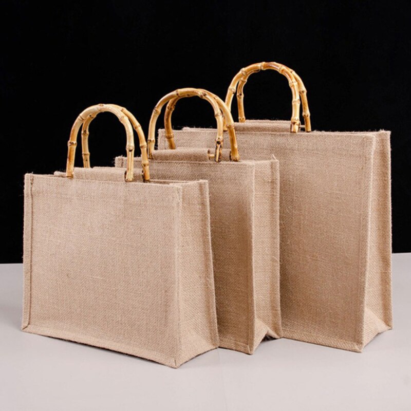 Bärbar säckväv jute shoppingväska handväska bambu ögla handtag tote retro väska handväska dam stor storlek strandväska för flickor