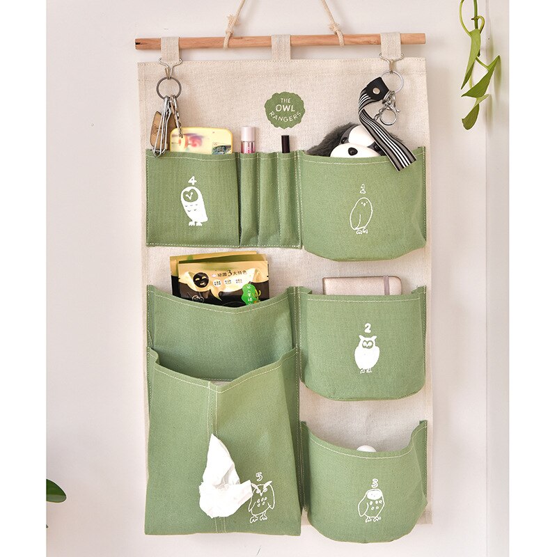 9 lommer væghængende opbevaringsposer bomuldslinnedør til bagdøren, vandtæt pose til soveværelse hjemmekontor container: Grøn