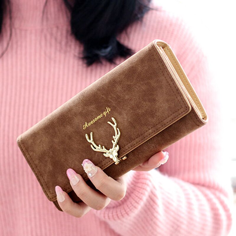 Hjorte dame lang pung frisk pu læder mønt pung dame kortholder multifunktion kvinde mini telefon clutch taske: Kaffe