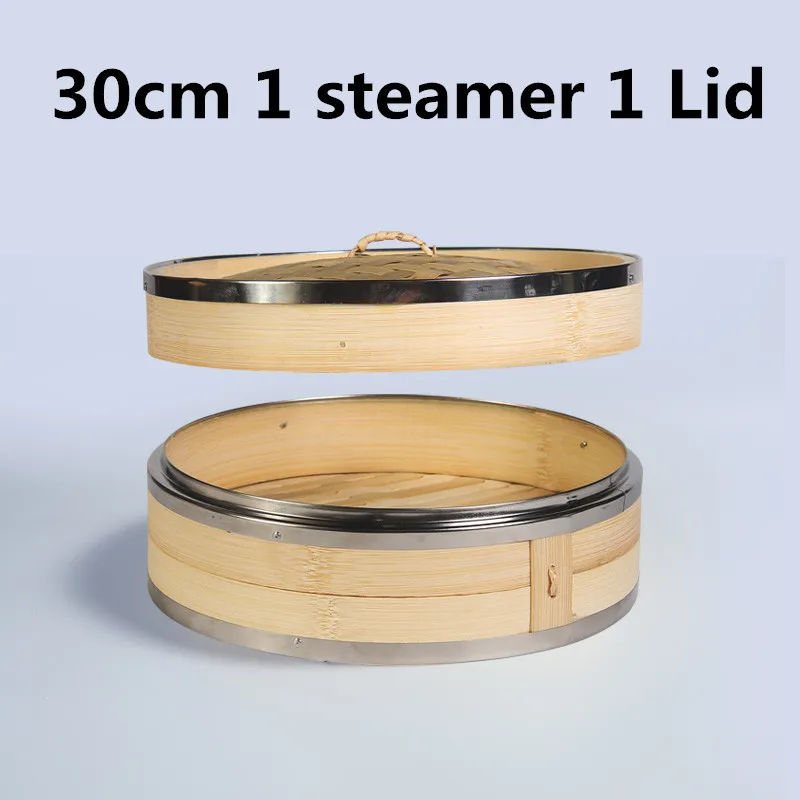 Vaporera de bambú con cubierta, juego de cesta para aperitivos, arroz y pescado, herramientas de cocina, olla de vapor: 30cm 1 steamer1 lid