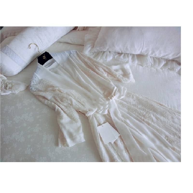 Babie lato damska luksusowe głębokie V miękki jedwab szaty rękaw 3/4 kwiatowy koszule nocne ubrania domowe 032