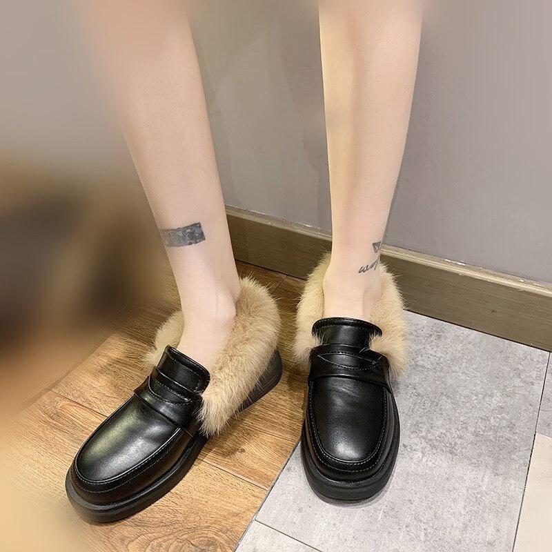 Mocassins fourrure femmes chaussures automne noir chaussures plates talons bas femmes décontracté femme baskets bout rond Style britannique
