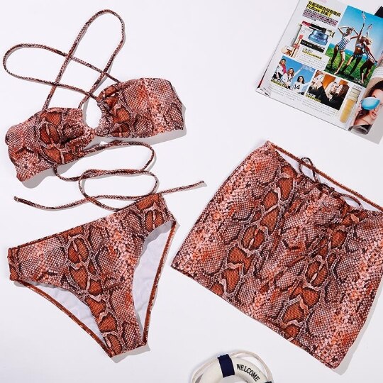 Vrouwen Drie-Stuk Zwemmen Kleding Sets Licht Bruin Gedrukt Patroon Bikini Tops Shorts En Rok Badpakken