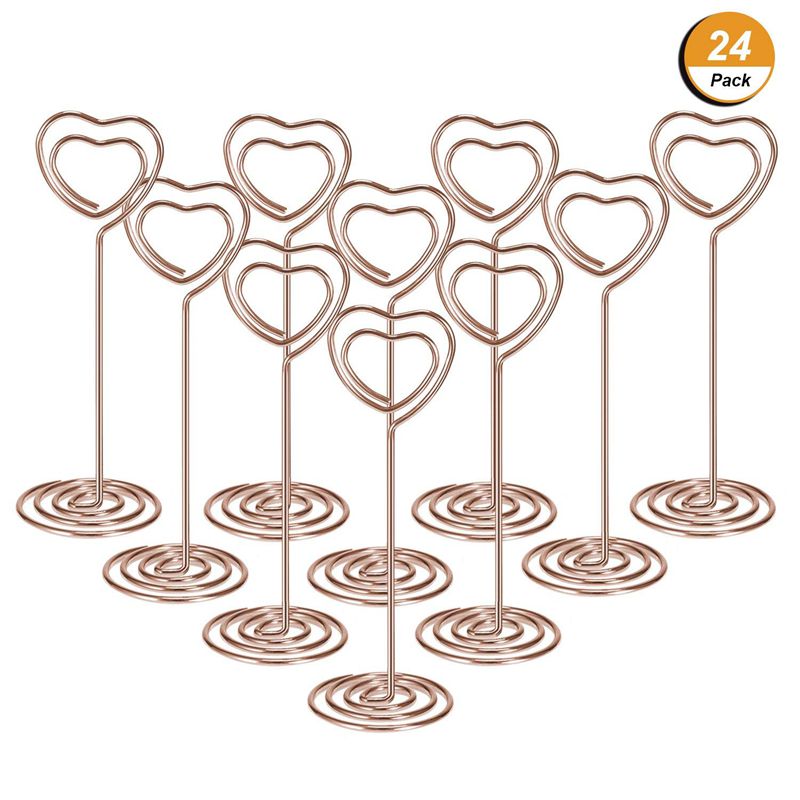 24 Pack of Table Number Card Holders Photo Holder Stand Place Card Paper Menu Clips Holders, Heart Shape (Rose Gold)
