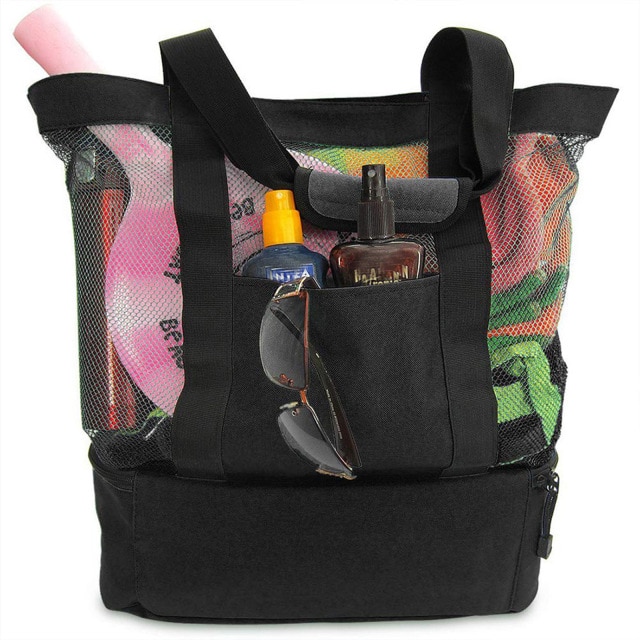 Bolsa de pícnic para viaje al aire libre, aislante de playa y mantenimiento fresco, bolsa de playa de malla, creativa, multifuncional, paquete de comida de hielo: Black