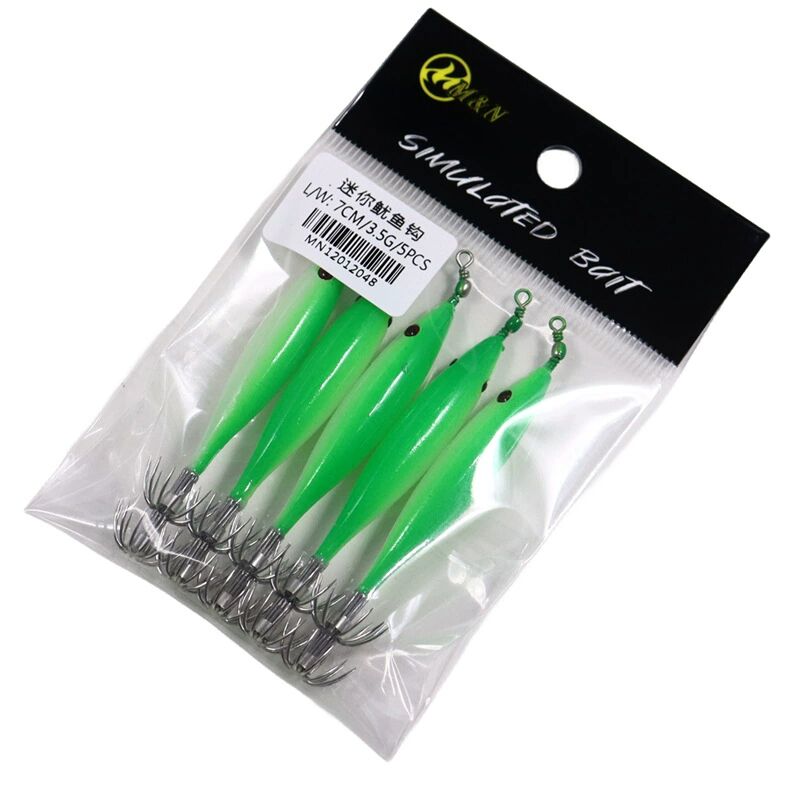 5 unids/bolsa anzuelo luminoso de calamar 7cm anzuelo de calamar brillante anzuelo de pesca de sepia pequeño Señuelos de Pesca de Mar cebo de pesca