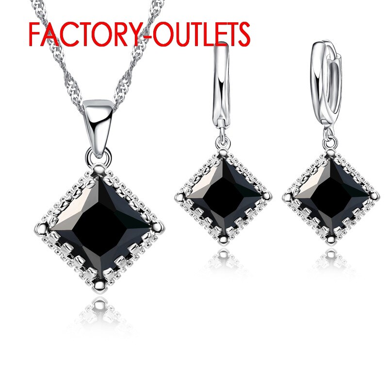 Nova joia fashion para decoração, colar, brincos de argola, conjunto 925, prata esterlina, quadrado, zircônia cúbica, festa feminina: Black