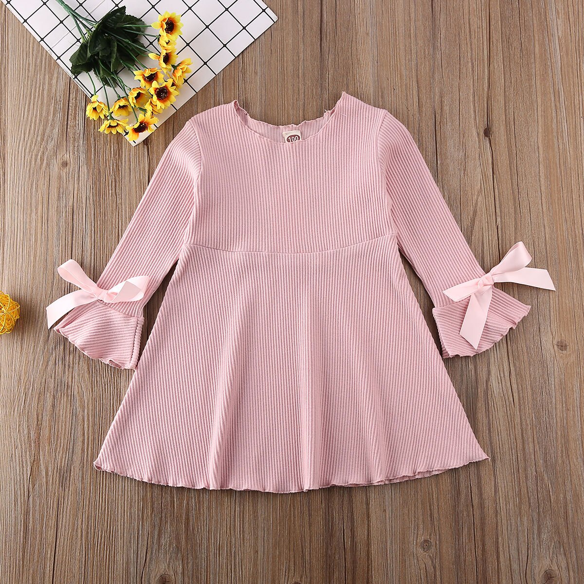Baby Spring Autumn Clothing Toddler Baby Girl Princess Pageant Party Flare Long Sleeve Dress Ribbed Bow Solid Dresses