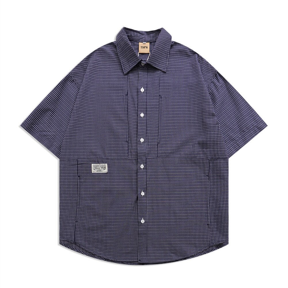 Small Plaid Short Sleeve Shirt Mens Summer Casual Loose Half-Sleeve Lapel Shirts Men: Blauw / M