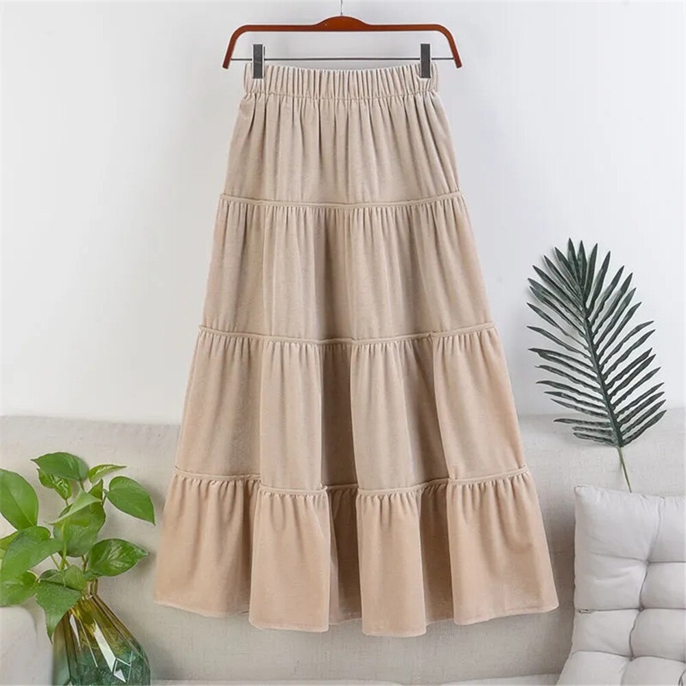 Falda plisada de costura de terciopelo para mujer, falda larga de cintura alta elástica, pastel, coreano, otoño e invierno, negro cálido: Beige / XL