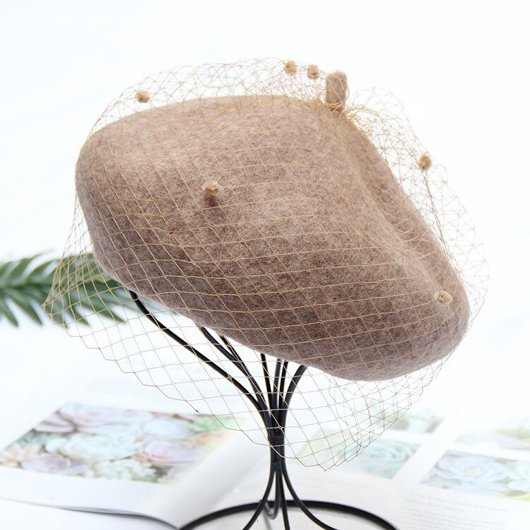 Boina de malla para mujer, gorro de pintor Camel, gorros Vintage con velo, gorro de invierno suave para artista francés, boina: Mocha