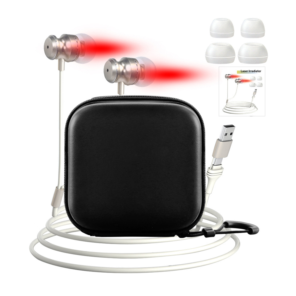 Tampões para os ouvidos infravermelhos para zumbido, usb + tipo-c com 2 pares de capa de silicone para canal auditivo, dispositivo de terapia de ouvido com luz vermelha 650nm para orelhas
