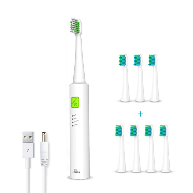 Ultrasonic Sonic Electric Toothbrush Rechargeable Tooth Brushes electric toothbrush with U1 tooth brush heads cepillo dental 4: green 8 heads