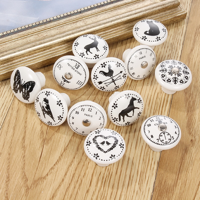 1PC White Print Ceramic Handles Drawer Knobs Cupboard Door Handles Single Hole Cabinet Handles With Screws Furniture Handle