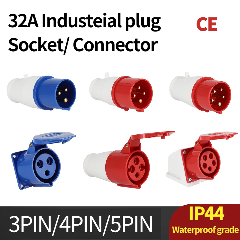 Industrial plug and socket waterproof connector 3PIN 4PIN 5PIN 32A IP44 waterproof electrical connection wall mount socket