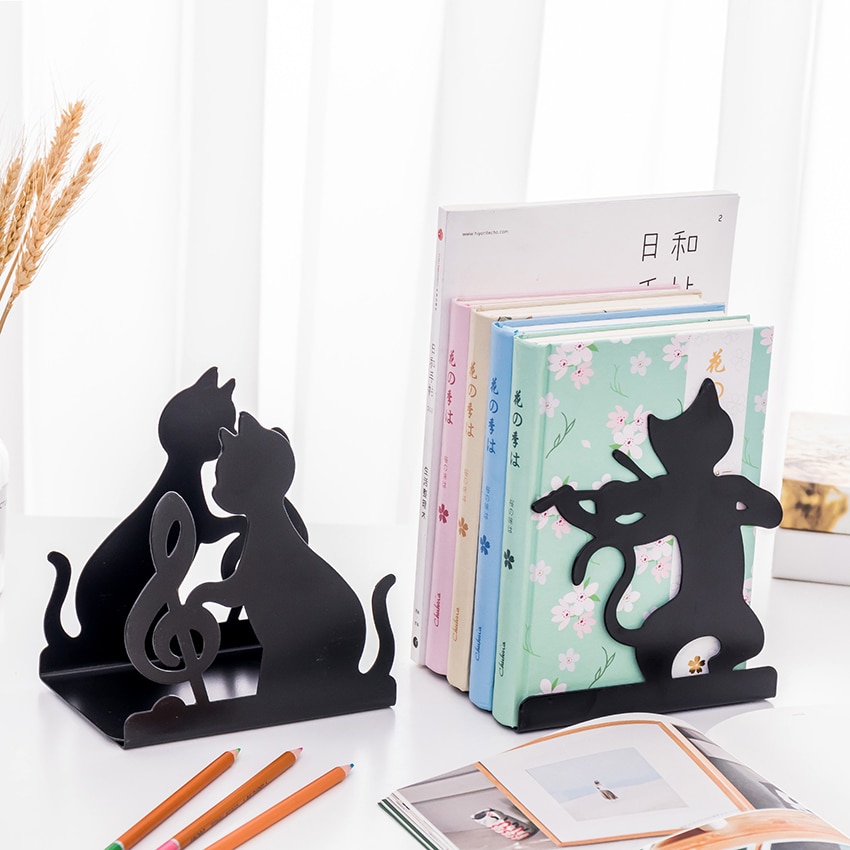 Sujetalibros de Metal con forma de gato, soporte decorativo para libros, color negro, y la Oficina para el hogar, 1 par