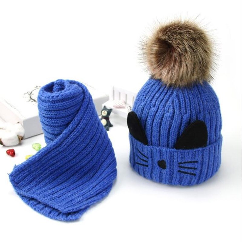 Karikatur katze hairball mützen setzt samt wolle freundlicher Art Gestrickte pelz hüte Winter pelz innen 2 stücke Baby mädchen schal Hütte einstellen: königlich Blau