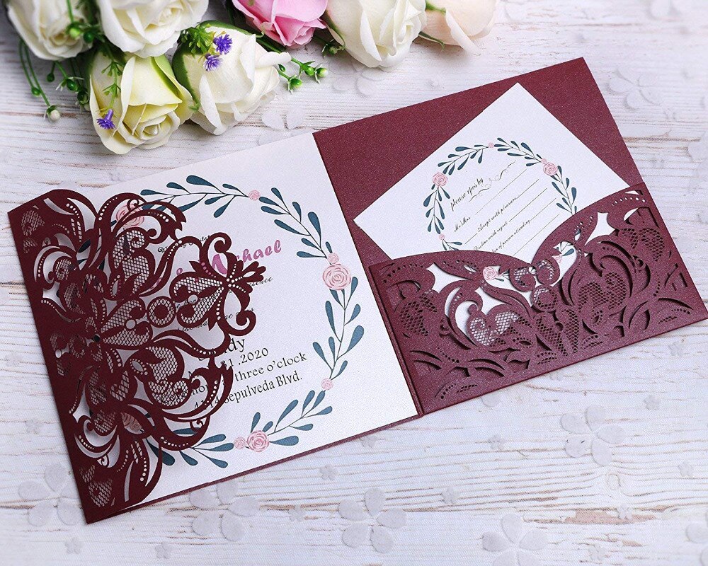 PONATIA 3 Folds Invitation Cards for Wedding Birthday Engagement Greeting Invitations Cards+ Free RSVP Cards (Burgundy )