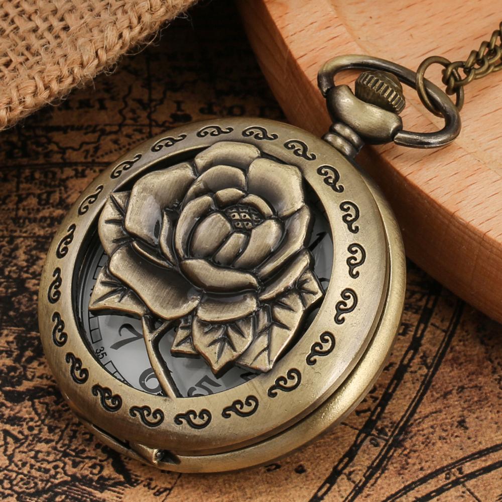 Reloj de bolsillo grabado Vintage de cuarzo rosa, exquisito collar hueco de flor completa, cadena, accesorio para mujer, reloj de bronce para mujer,