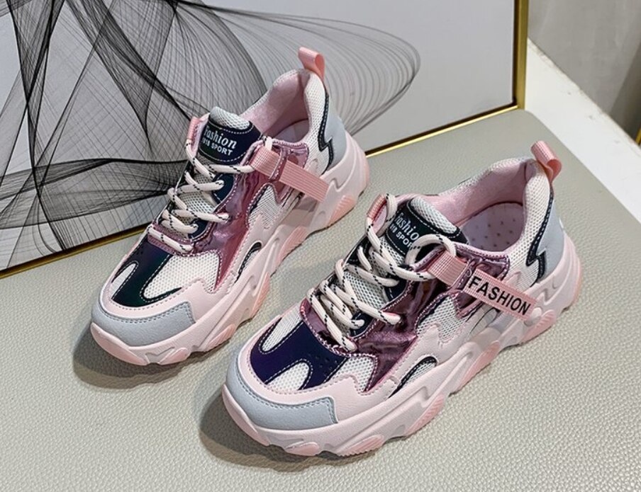 Kvinders chunky sneakers kvinder platform sko snøre åndbare luft sko kvinder kvindelige trænere far sko: Lyserød / 6