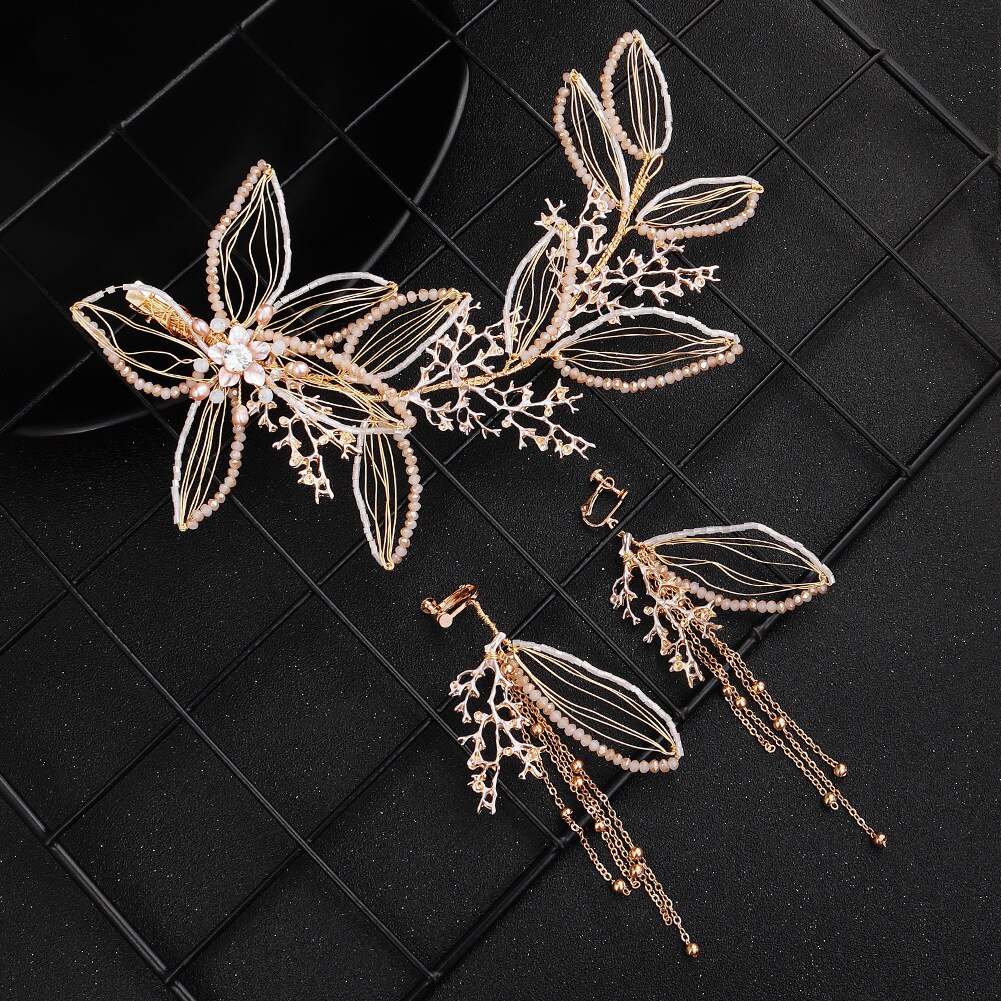 Set di gioielli per orecchini a fascia per fata coreana gioielli per diadema da sposa gioielli per capelli da sposa con copricapo di fiori di perle