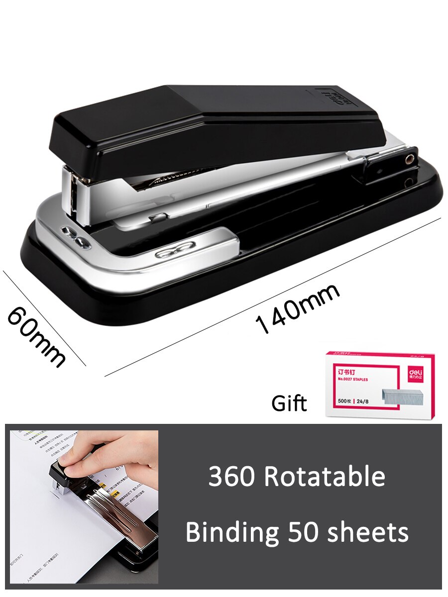 360 Rotatable Heavy Duty Stapler Standard Long Stapler Stapling Use 24/6 26/6 24/8 26/8 Staples Office Bookbinding Supplies: black