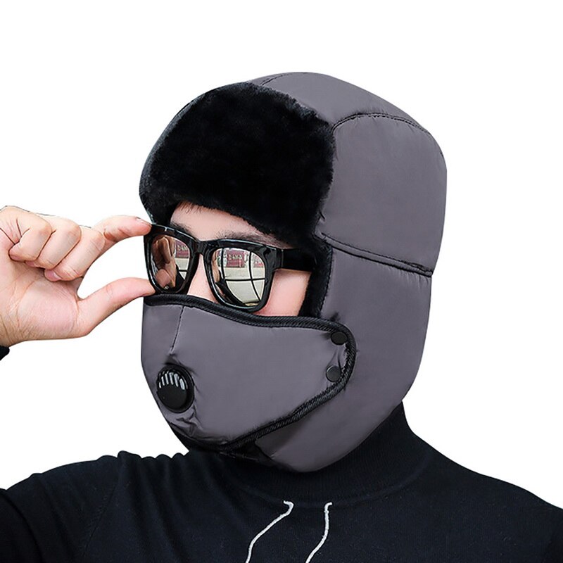 Vinter varm hætte vindtæt hat med åndedrætsventil cykling vindtæt høreværn ansigtsbeskyttelse hovedbeklædning med aftagelig maske: Grå