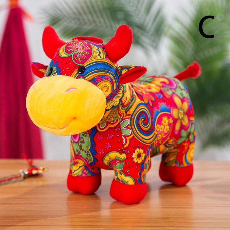 25cm Year Chinese Zodiac Ox Cattle Plush Toys Cute Red Cow Plush Doll: C