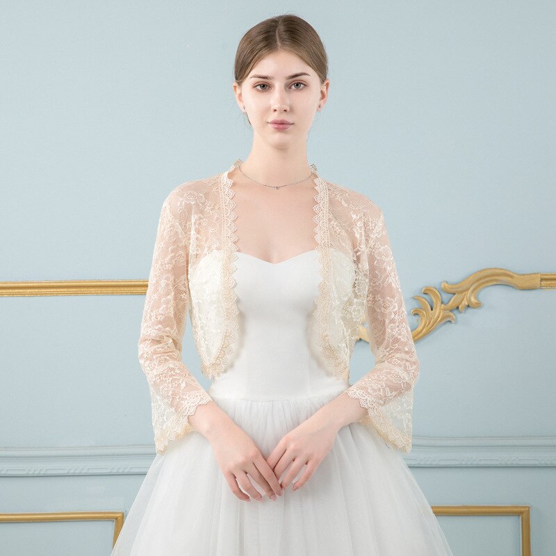 Spets bolero dam jacka omlott korta brudsjalar och omslag bröllopskväll capes för klänning brud jacka bolero mariage: Champagne