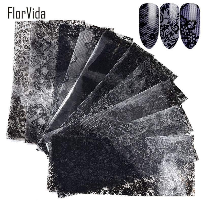 FlorVida 10 stks/set 4*20cm Nail Art Folie Stickers Wit Zwart Kant Vlok Patroon Transfer Stickers voor Schoonheid nagels