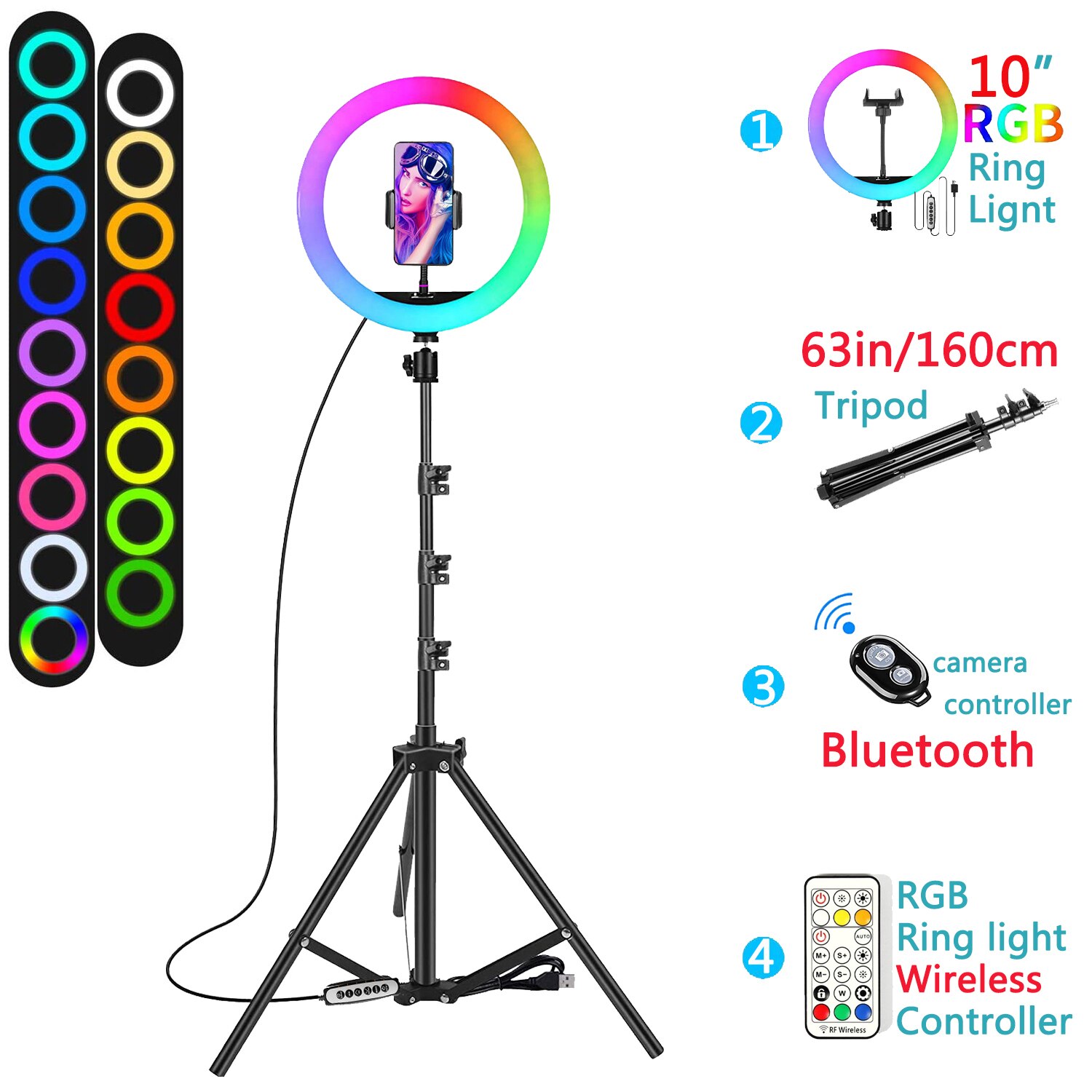 10in Rgb Led Kleur Selfie Ring Licht Fotografie Ringlicht Telefoon Standhouder Cirkel Lamp Trepied Statief Vullen Licht Makeup: with 160cm Tripod