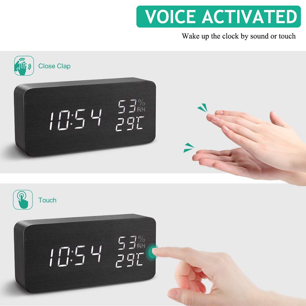 Digital Alarm Clock Wooden Watch Table Voice Control Electronic Desktop Clocks Thermometer Adjustable Brightness