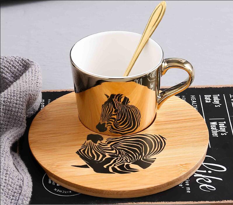 Plating Mirror Reflection Ceramic Coffee Mugs With Wood Dish Tea Cups Drinkware Send Box: 3