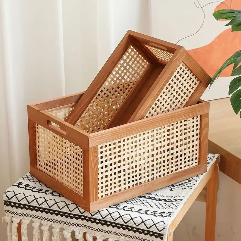 Retro Opbevaringskasse i Massivt Træ - Rattan Kurv til Bøger, Snacks, Kosmetik - Organizer til Hjem, Badeværelse, Køkken