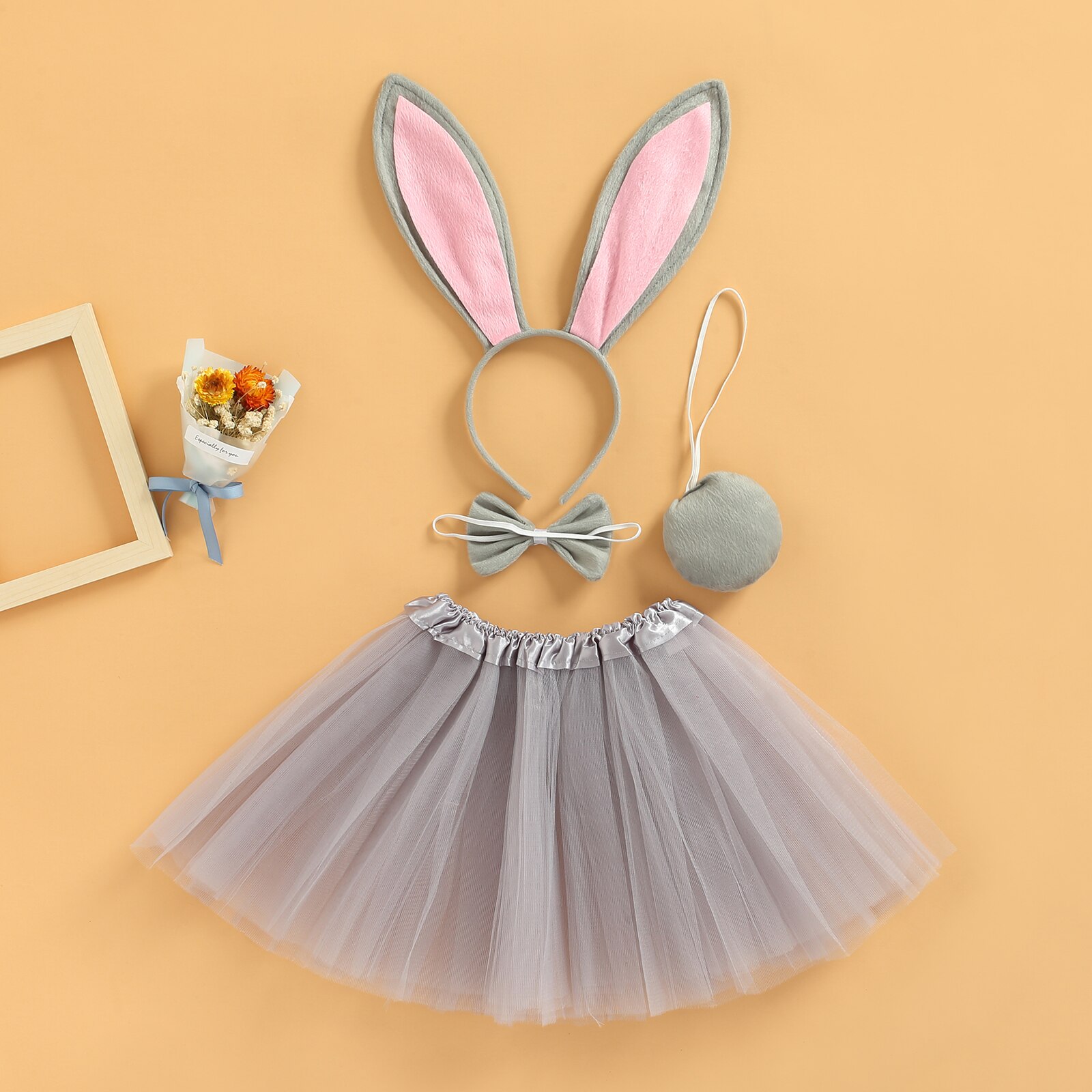 Vestiti per la fotografia della neonata del bambino, fascia per capelli coniglietto pasquale + papillon + coda + gonna in Tulle multistrato 0-3T