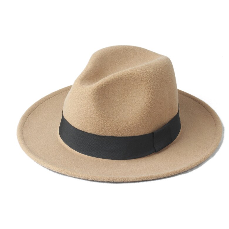 100%  uld bred rand vinter efterår mænd følte trilby fedora hat til gentleman top cloche panama sombrero cap 58cm: Khaki