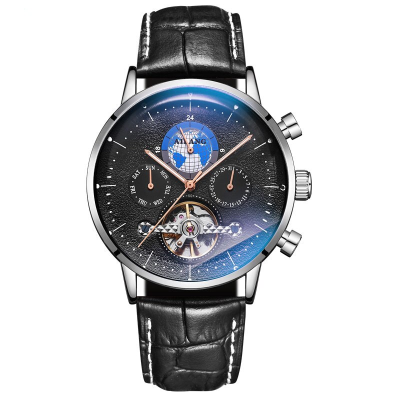 Ailang 2022 Mannen Business Tourbillon Automatische Mechanische Horloges Gradiënt Mannen Lederen Waterdichte Band 8613B: Leather Black Silver