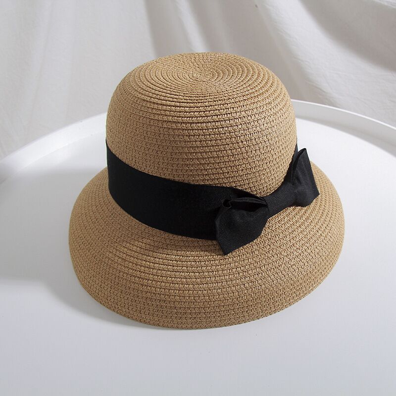 Hepburn Style Sun Hats Bucket Cap For Women Summer Straw Hat Big bow Female Beach Hat Panama Hats Chapeu Feminino: Khaki