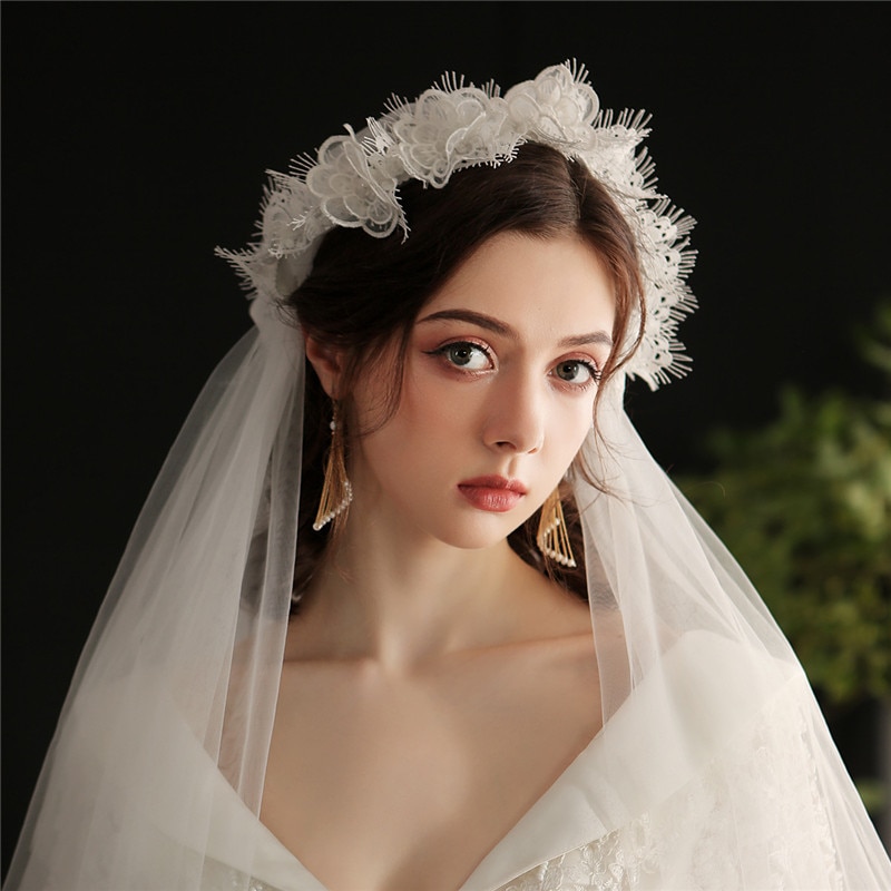 CC Veil Wedding Hair Accessories For Bridal Women Hairband Two Layer 100% Handmade Lace Luxury Marriage Accessories Veils V647